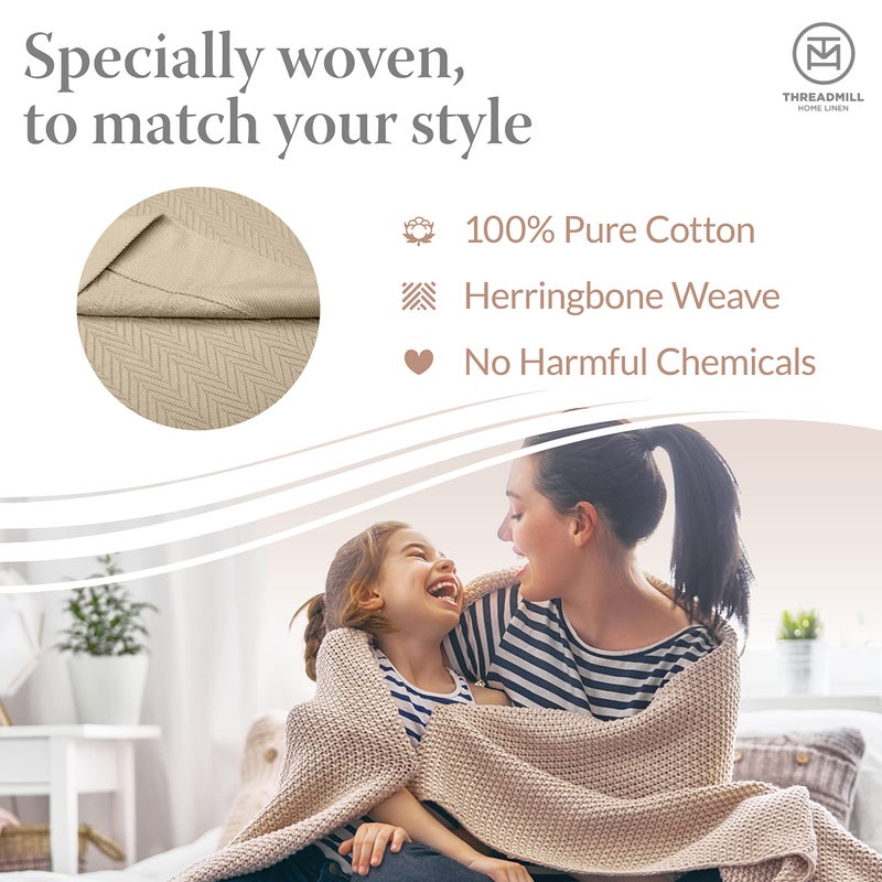 Threadmill Luxury Cotton Blankets for King Size Bed | All-Season Cozy 100% Cotton King Size Blanket | Herringbone Soft Fall Thermal Blanket fits California King Size Bed, 106x92 | Beige - Image 3